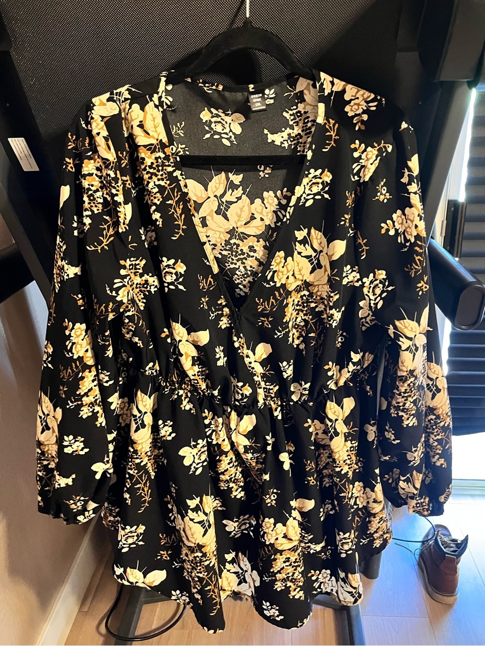 SHEIN Black Floral Wrap Tunic with Cream Yellow Blooms
